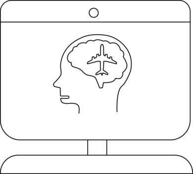 A monitor displays a head profile with an airplane inside the brain presented as an outline vector