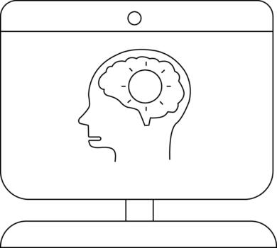 A screen displays a head profile with a brain containing a radiating circle vector