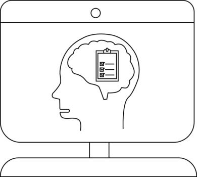 negro blanco monitor muestra cabeza contorno con Lista de Verificación en cerebro encima base vector