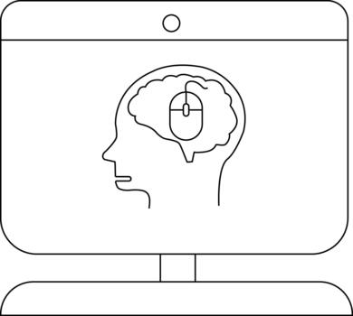 Monitor displays head profile with a computer mouse inside the brain outline vector