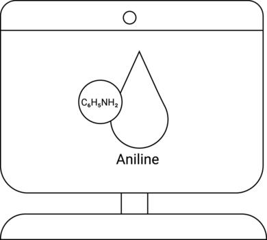Aniline displayed on a computer screen with its chemical formula shown with a teardrop illustration vector