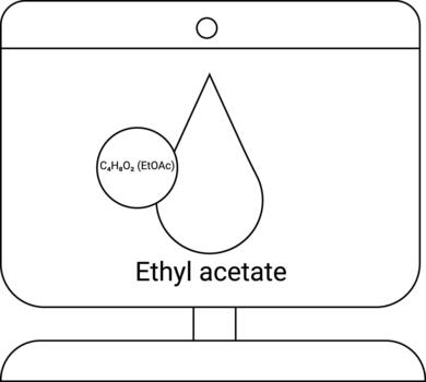 Illustration of a computer monitor with a stylized ethyl acetate chemical structure and molecule graphic on the screen vector