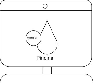 Pyridine structure on a screen shows a formula circle and a raindrop shape above its title on a simple stand vector