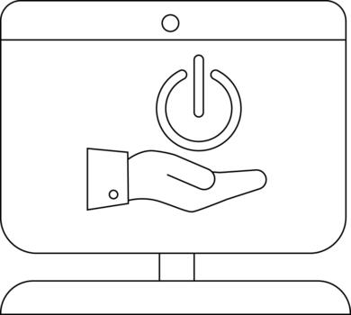 A computer monitor displays a hand holding a power symbol in a minimalist line art style vector