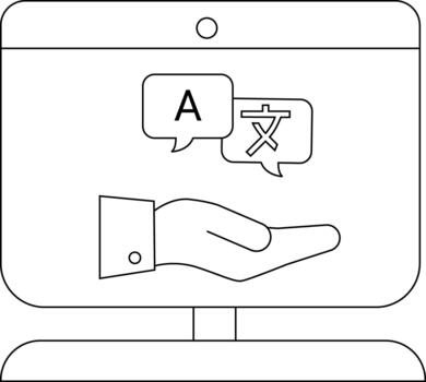 A computer monitor displaying a hand holding speech bubbles with A Chinese writing vector