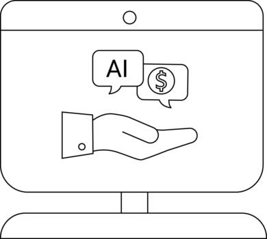 A computer monitor displays a hand offering speech bubbles with AI and a symbol placed above a stand vector