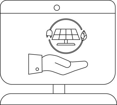 A desktop computer screen displays a hand holding a solar panel surrounded by a circle with a plug and leaf vector
