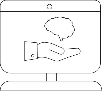 un monitor muestra un cerebro encima un abierto mano el monitor se sienta en un estar vector