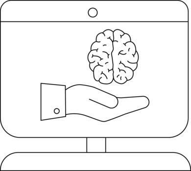 un ilustración caracteristicas un cerebro encima un abierto mano dentro un monitor pantalla vector
