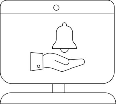 Line art of a computer monitor displaying a notification bell above an open hand vector