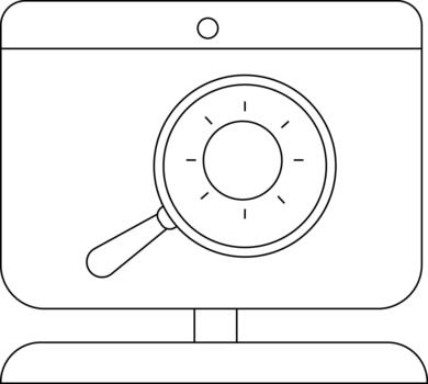 A black and white line drawing of a computer with a magnifying glass on the screen vector
