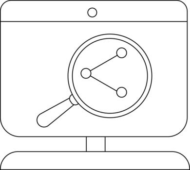 A computer monitor displays a magnifying glass focusing on a network diagram suggesting data analysis or connection search vector