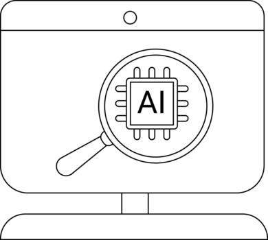 A computer monitor displays a magnifying glass over a circuit chip labeled AI vector