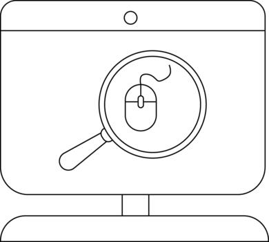 A computer monitor displays a mouse under a magnifying glass icon vector