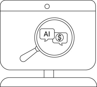A computer screen displays a magnifying glass examining speech bubbles marked AI and vector