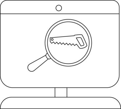 A monitor displaying a magnifying glass with a saw inside vector