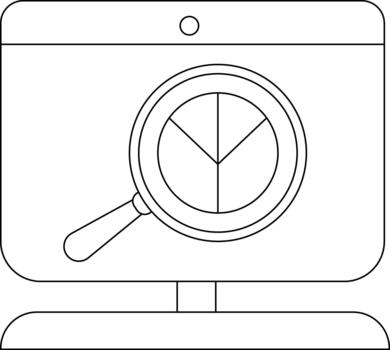 Computer monitor displays a magnified pie chart with a magnifying glass overlay vector