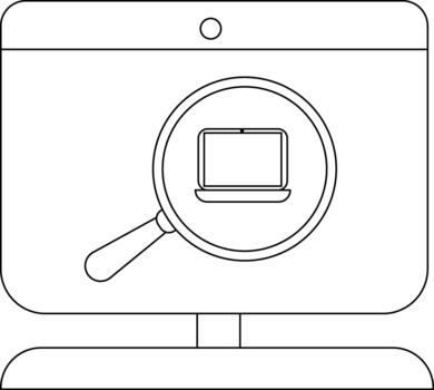 Line art depicts a computer screen with a magnifying glass focused on a laptop icon within vector