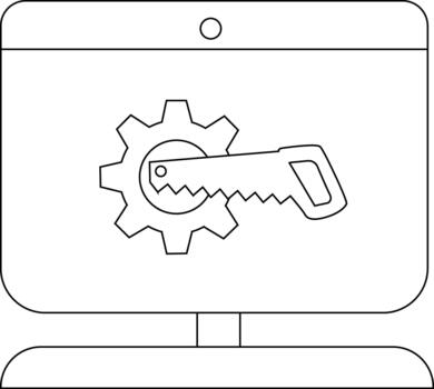 A monitor displays a gear intersected by a hand saw with a power button above vector