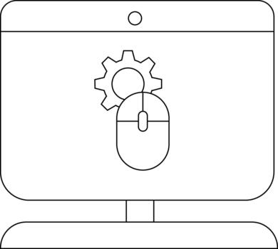 un línea dibujo representa un computadora con un ratón y engranaje icono centrado en el pantalla un circulo es encima el pantalla vector