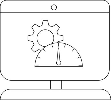 A line drawing of a computer monitor with a gear and speedometer inside vector