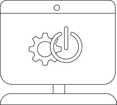Line art monitor with a gear and power icon on the screen and a small circle above vector