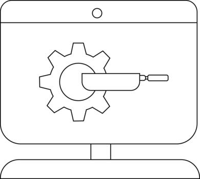 Outline of a computer monitor showing a gear intersected by a wrench with a circular element above the screen vector