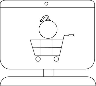 A computer screen shows a shopping cart with a bomb inside with a camera icon above vector