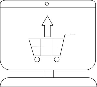 Computer monitor displaying a shopping cart with an upward arrow vector