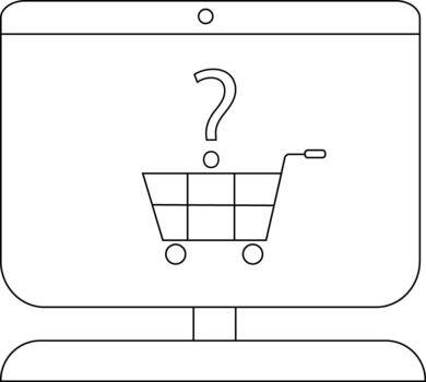 Outline depicts a computer monitor displaying a shopping cart with a question mark above it vector