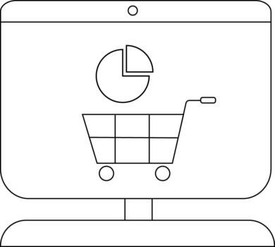 Outlined monitor shows a shopping cart below a pie chart resting on a rectangular base vector