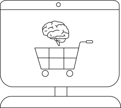 un computadora monitor muestra un cerebro encima un compras carro en el pantalla vector
