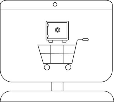 A computer screen displays a safe inside a shopping cart vector