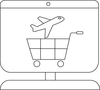 A computer screen displays a shopping cart with an airplane inside vector