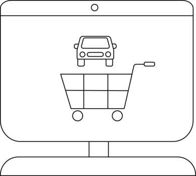 A monitor displays a shopping cart with a car above it two circles at the bottom one at the top of the monitor vector