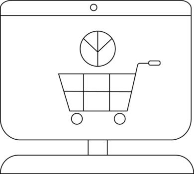 Line art of a computer screen displaying a shopping cart with a pie chart above and two circles at the bottom vector