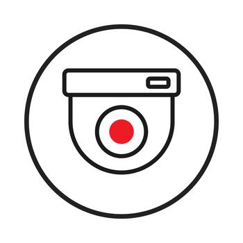 Modern surveillance system icon design displaying security camera in bold lines with a central red vector