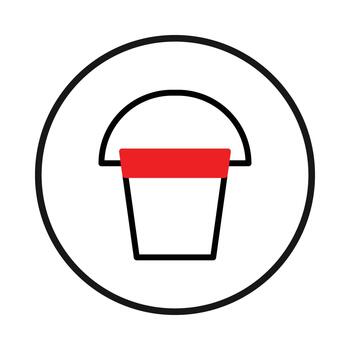 Simple red and black bucket illustration encapsulated within a clean geometric circular design for vector