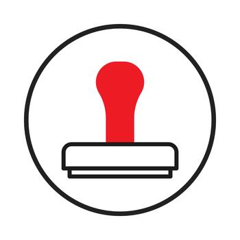 Simple red and black stamp icon within a circular frame representing validation and approval for vector