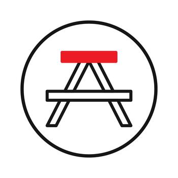 Simplified picnic table icon with bold red accents within a black circular frame design concept vector