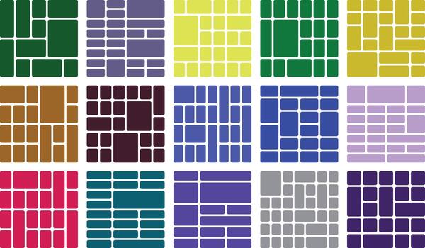 Fifteen colorful grid patterns with rounded rectangles and varied layouts vector