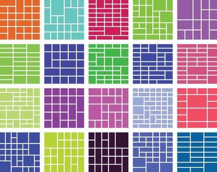 Vibrant geometric mosaic patterns in grid layout of rectangles and squares vector