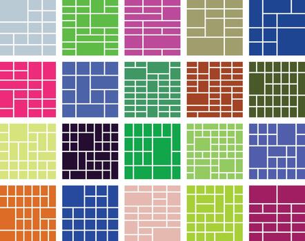 Diverse geometric shapes in colorful grid pattern, modern abstract mosaic vector