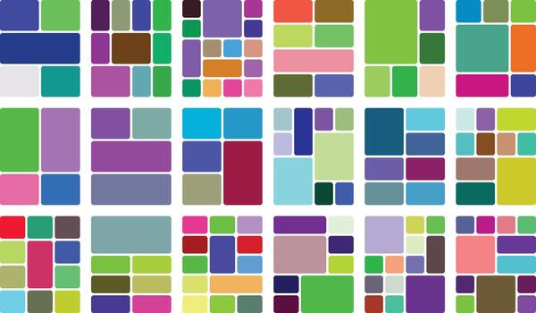 Diverse vibrant geometric grid pattern with colorful rounded rectangle shapes. vector
