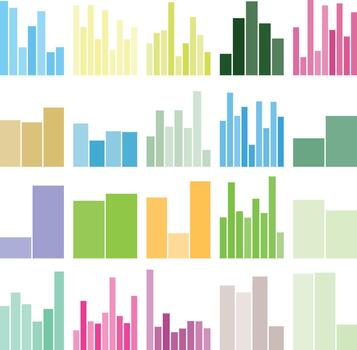 Colorful collection of various bar charts displaying data, statistics, and trends. vector