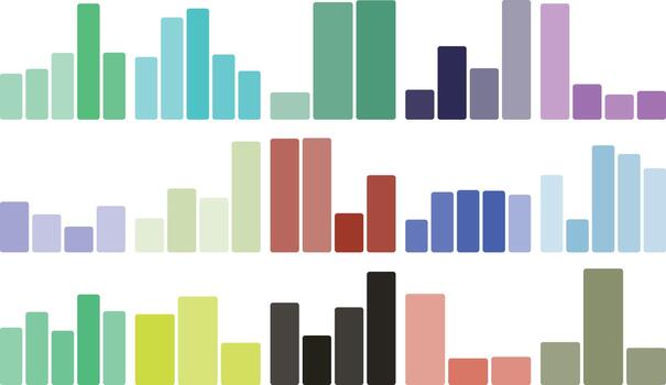 Colorful bar charts and graphs visualizing data, trends, and statistics vector