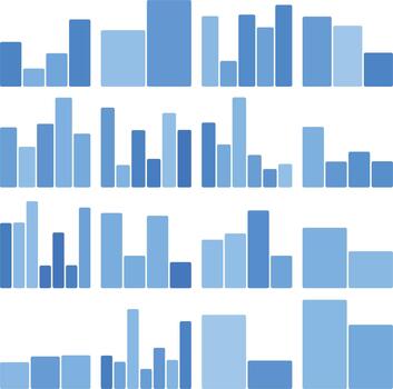Multiple blue bar charts displaying data visualization and statistical analysis vector