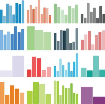 Colorful infographic bar graphs and charts illustrating data analytics trends. vector