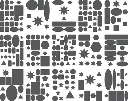 Geometric shapes pattern circles, squares, stars, triangles, ovals grid vector