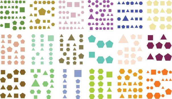 Abstract grid of diverse colorful geometric shapes triangles, squares. vector